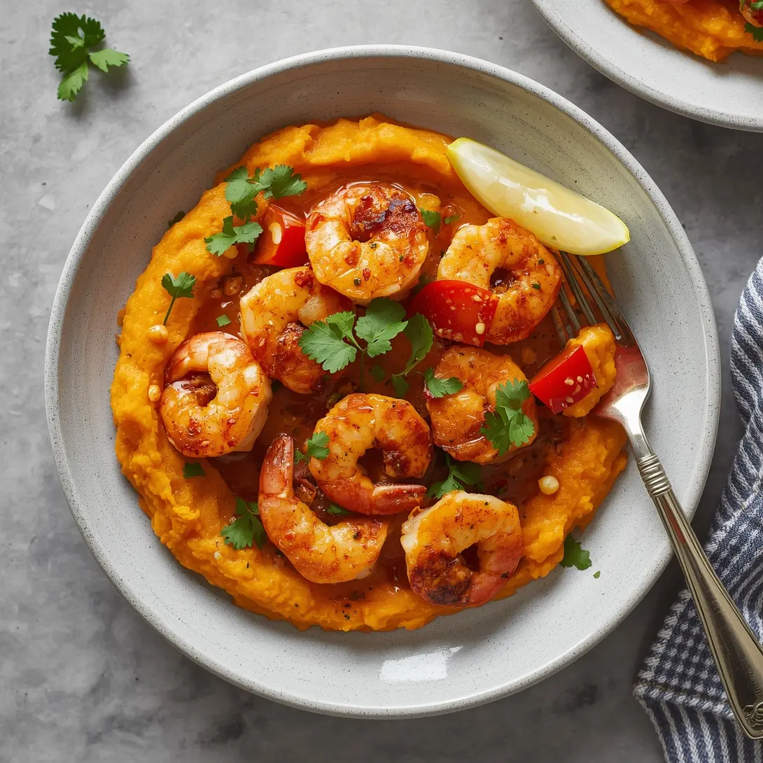 A plate of perfectly cooked Cajun shrimp alongside a creamy sweet potato mash