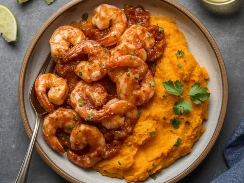 A plate of perfectly cooked Cajun shrimp alongside a creamy sweet potato mash