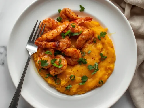 A plate of perfectly cooked Cajun shrimp alongside a creamy sweet potato mash