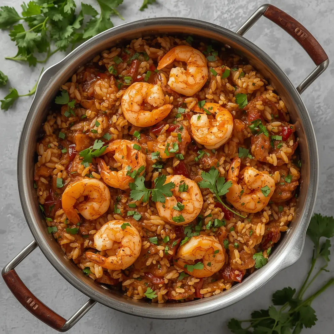 A steaming Cajun shrimp and wild rice skillet, rich with spices and ingredients.