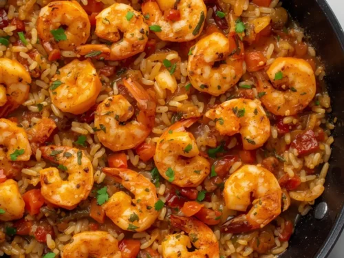 A steaming Cajun shrimp and wild rice skillet, rich with spices and ingredients.