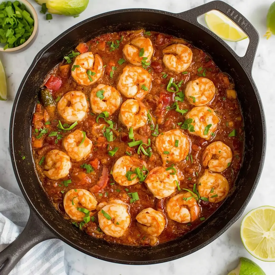 A steaming Cajun shrimp and wild rice skillet, rich with spices and ingredients.