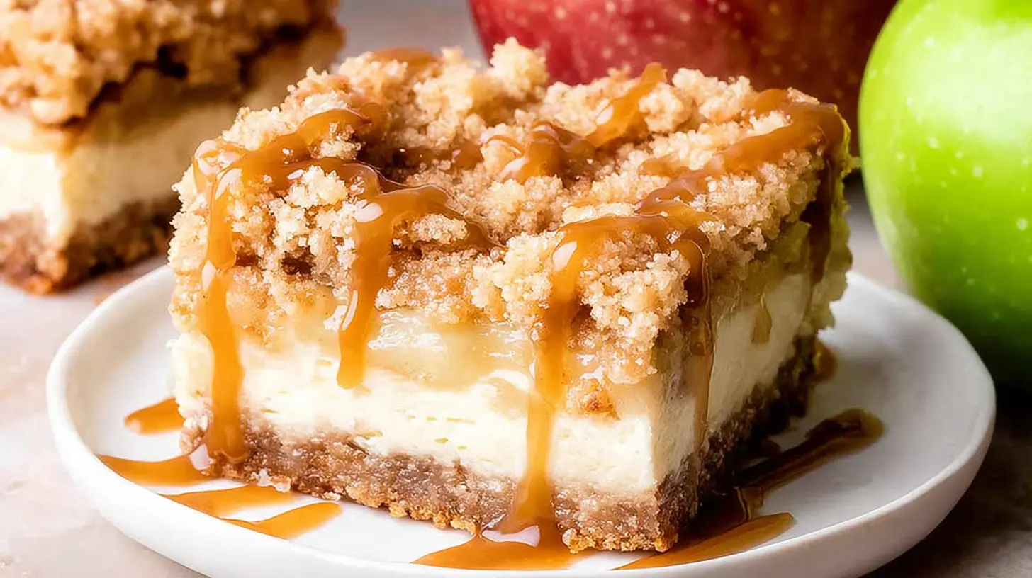 Decadent Caramel Apple Cheesecake Bars, perfect for a fall dessert.