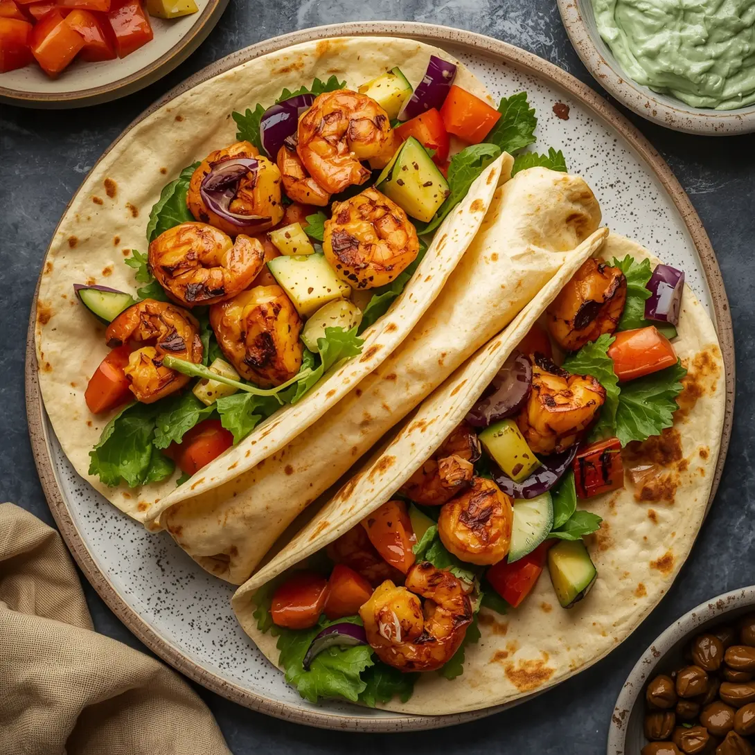 Close-up of Caribbean jerk grilled shrimp wraps with fresh vegetables