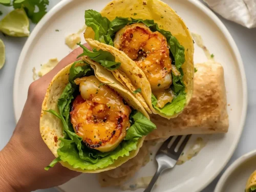 Close-up of Caribbean jerk grilled shrimp wraps with fresh vegetables