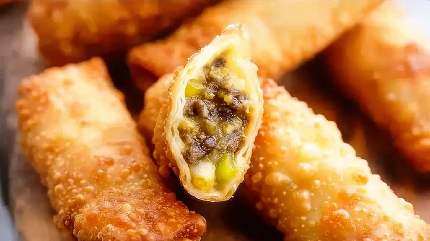 Stacked cheeseburger eggrolls on a white plate