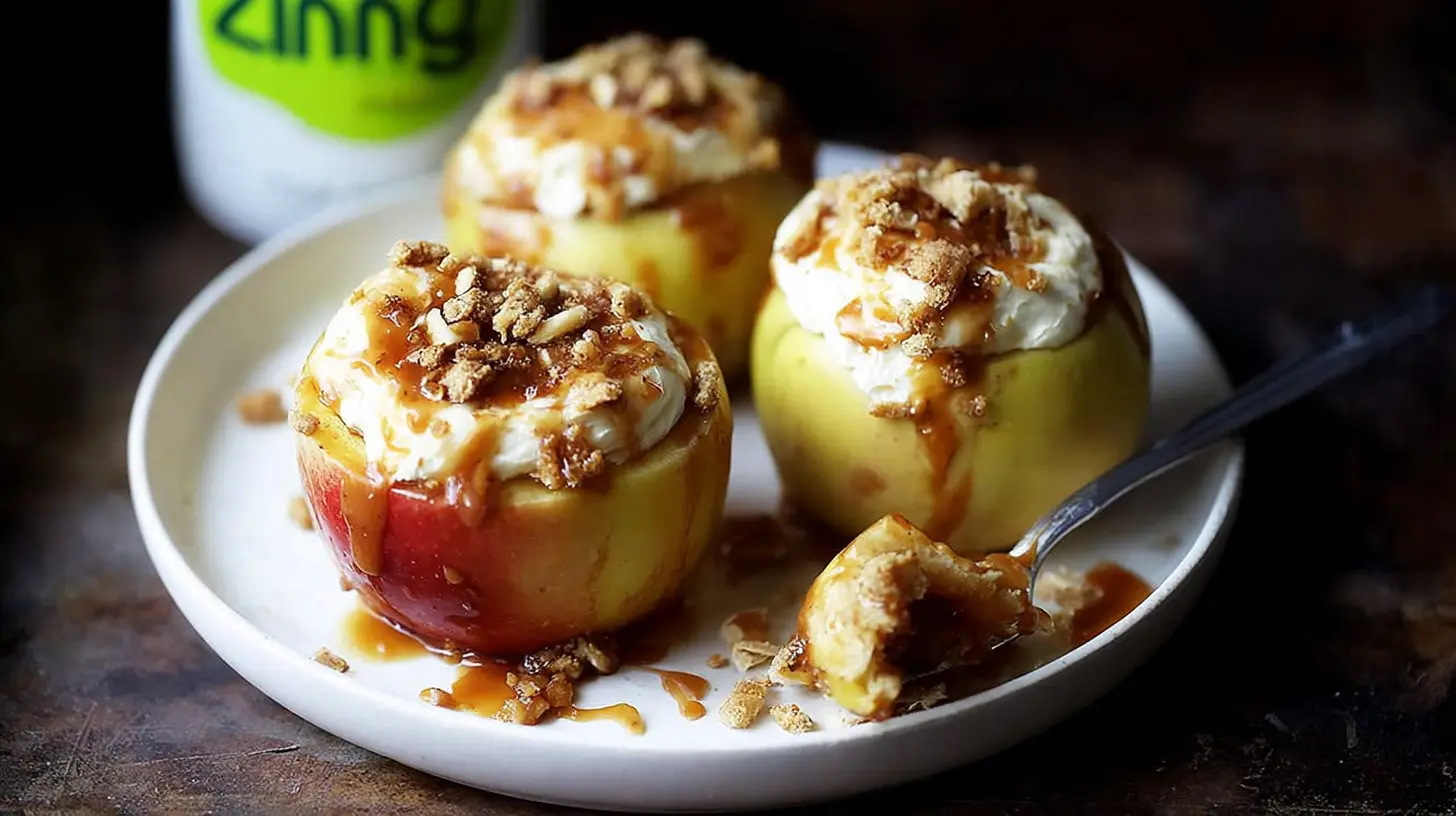 Delicious cheesecake stuffed baked apples, garnished with nuts