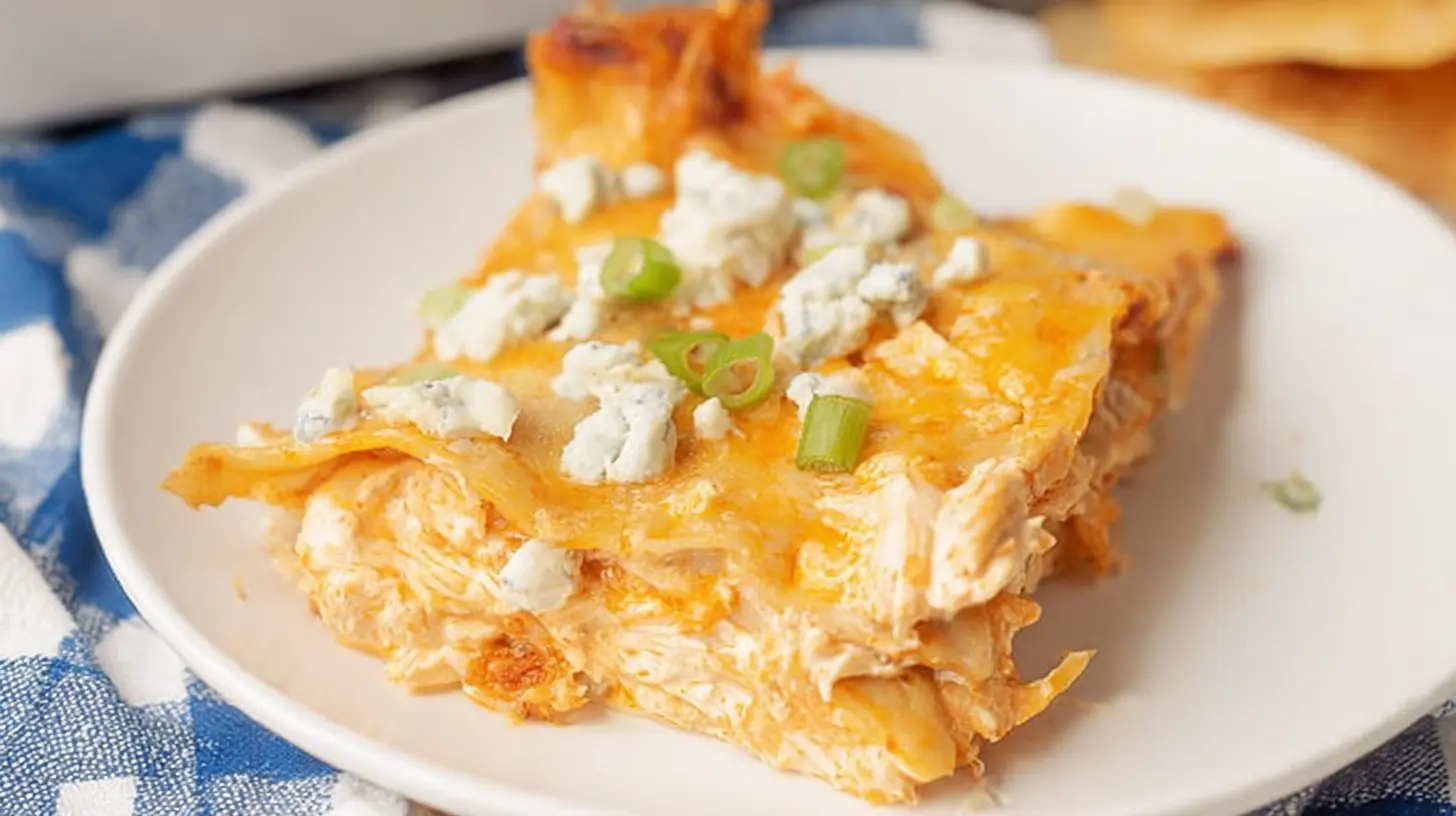 A hot dish of cheesy buffalo ranch chicken lasagna with bubbly cheese and chicken