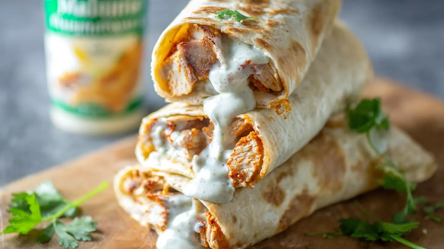 A freshly made cheesy chicken wrap, ready to be enjoyed as a quick meal.