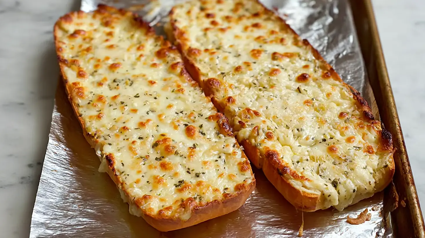 Close-up of golden brown cheesy garlic bread with melted cheese and fresh herbs