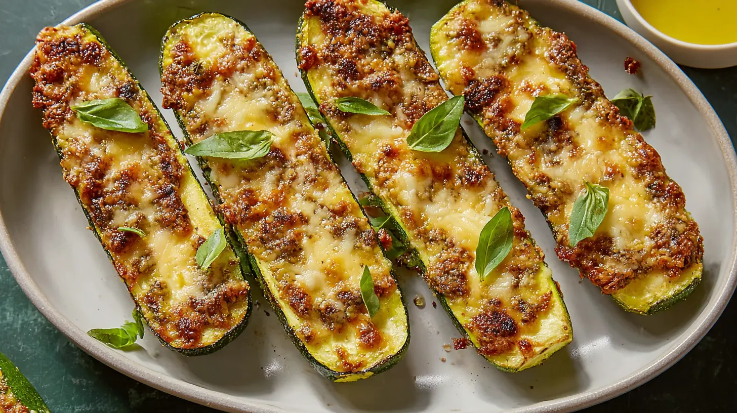 Grilled cheesy garlic zucchini steaks on a baking pan
