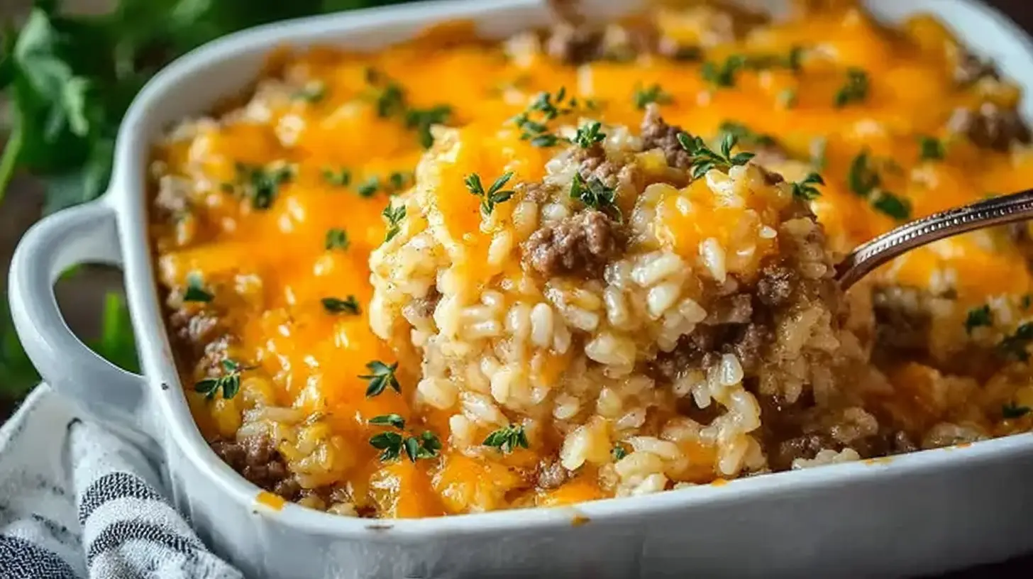 A close-up of a cheesy hamburger rice casserole, bubbling hot from the oven.