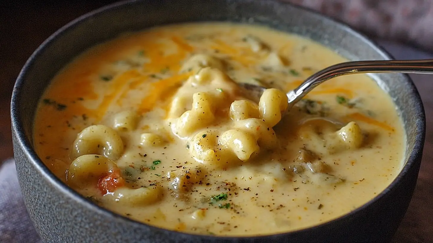 Close-up of creamy mac and cheese soup garnished with fresh herbs