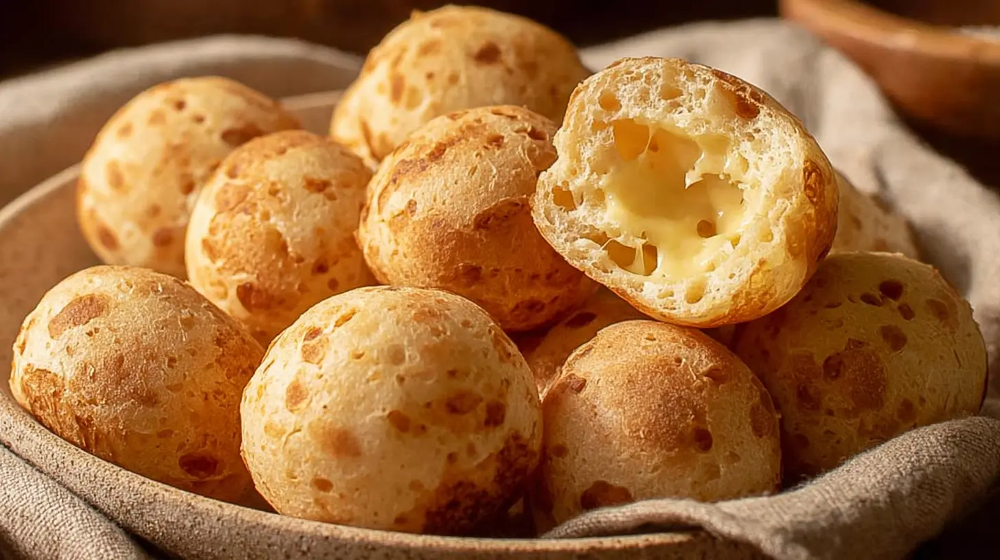 Close-up of freshly made pão de queijo, showing its cheesy texture.