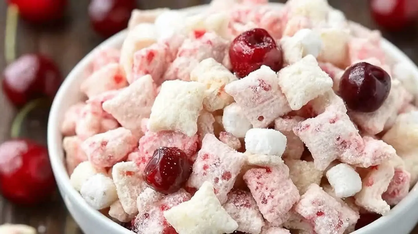 A bowl of cherry cheesecake puppy chow, featuring a delightful blend of colors.