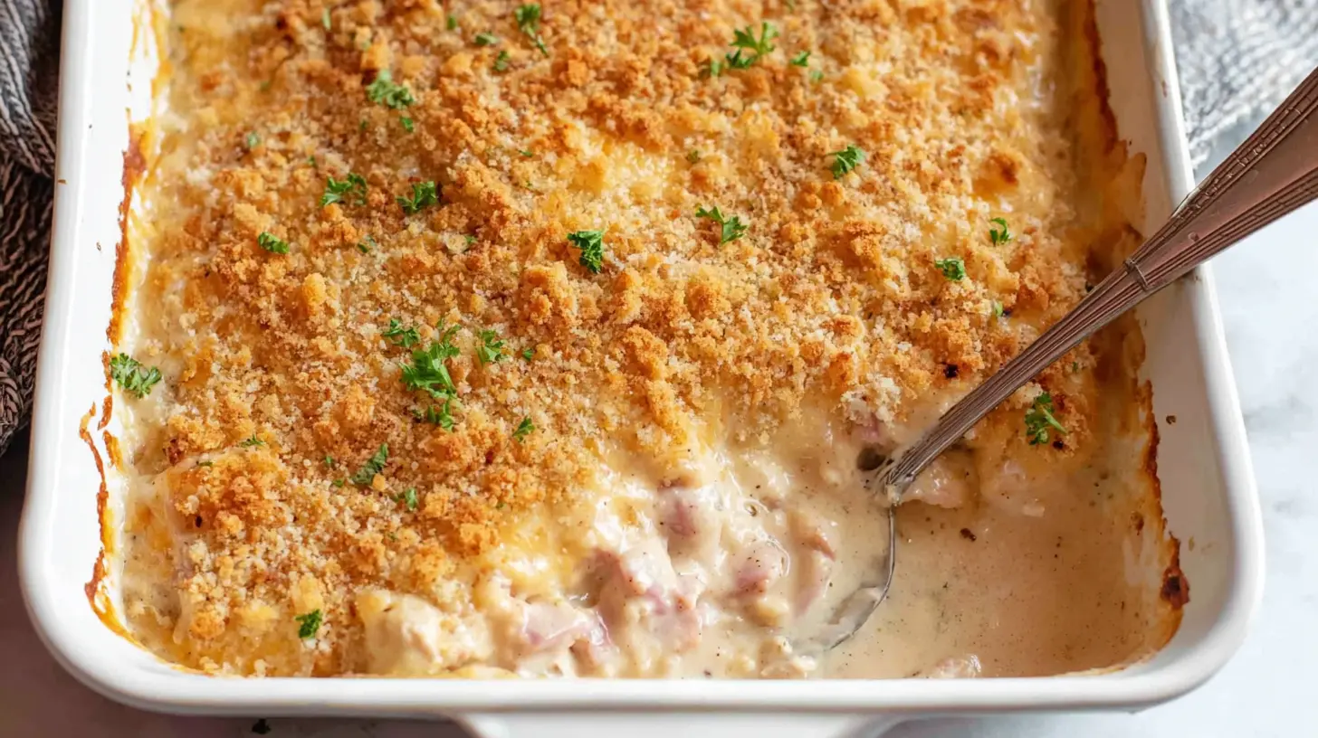 A bubbling chicken cordon bleu casserole topped with golden breadcrumbs