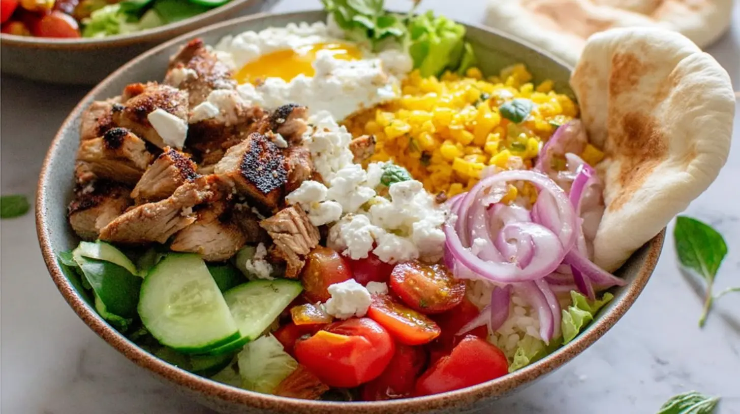A vibrant chicken shawarma bowl with fresh vegetables and sauces