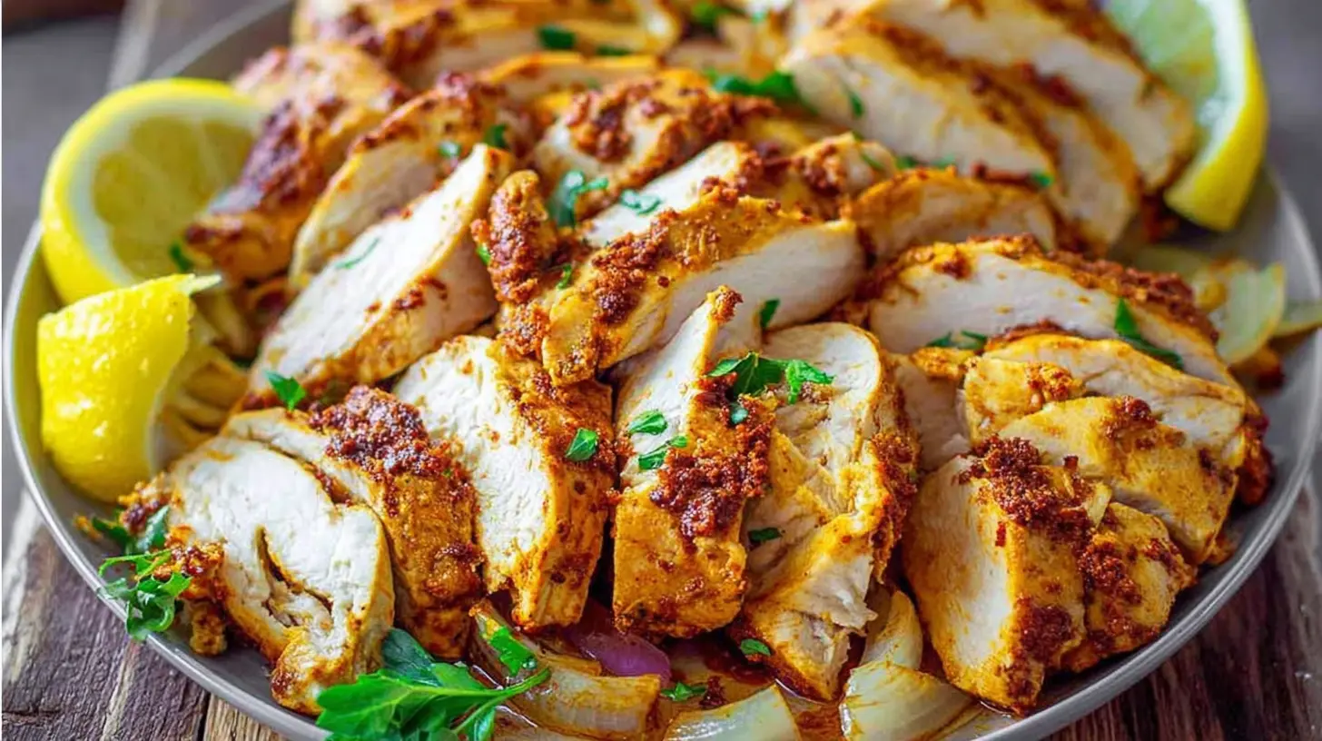 A rotating spit of seasoned chicken shawarma being cooked to perfection.