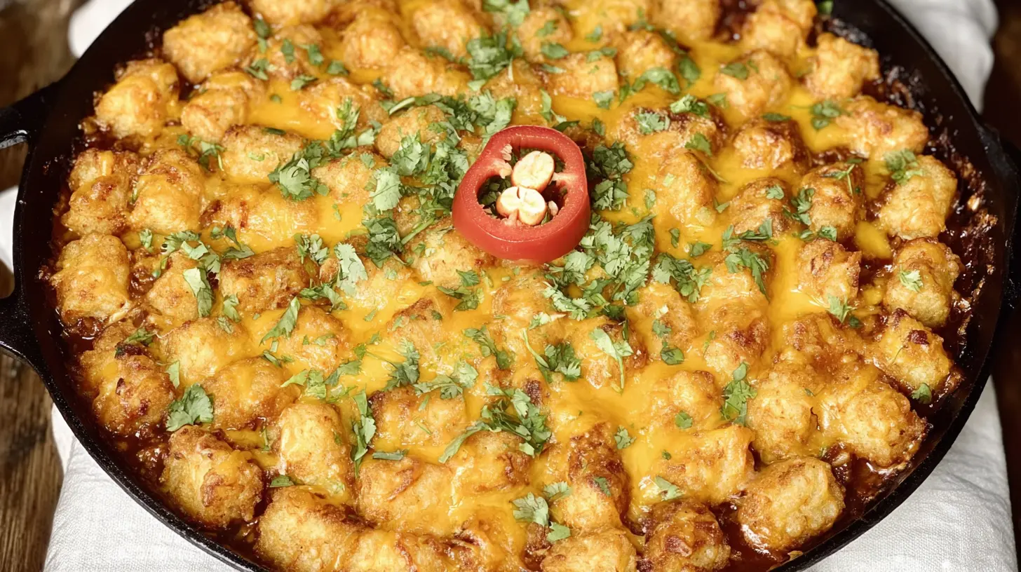 A bubbling chili cheese tater tot casserole, fresh from the oven, with a golden crust.