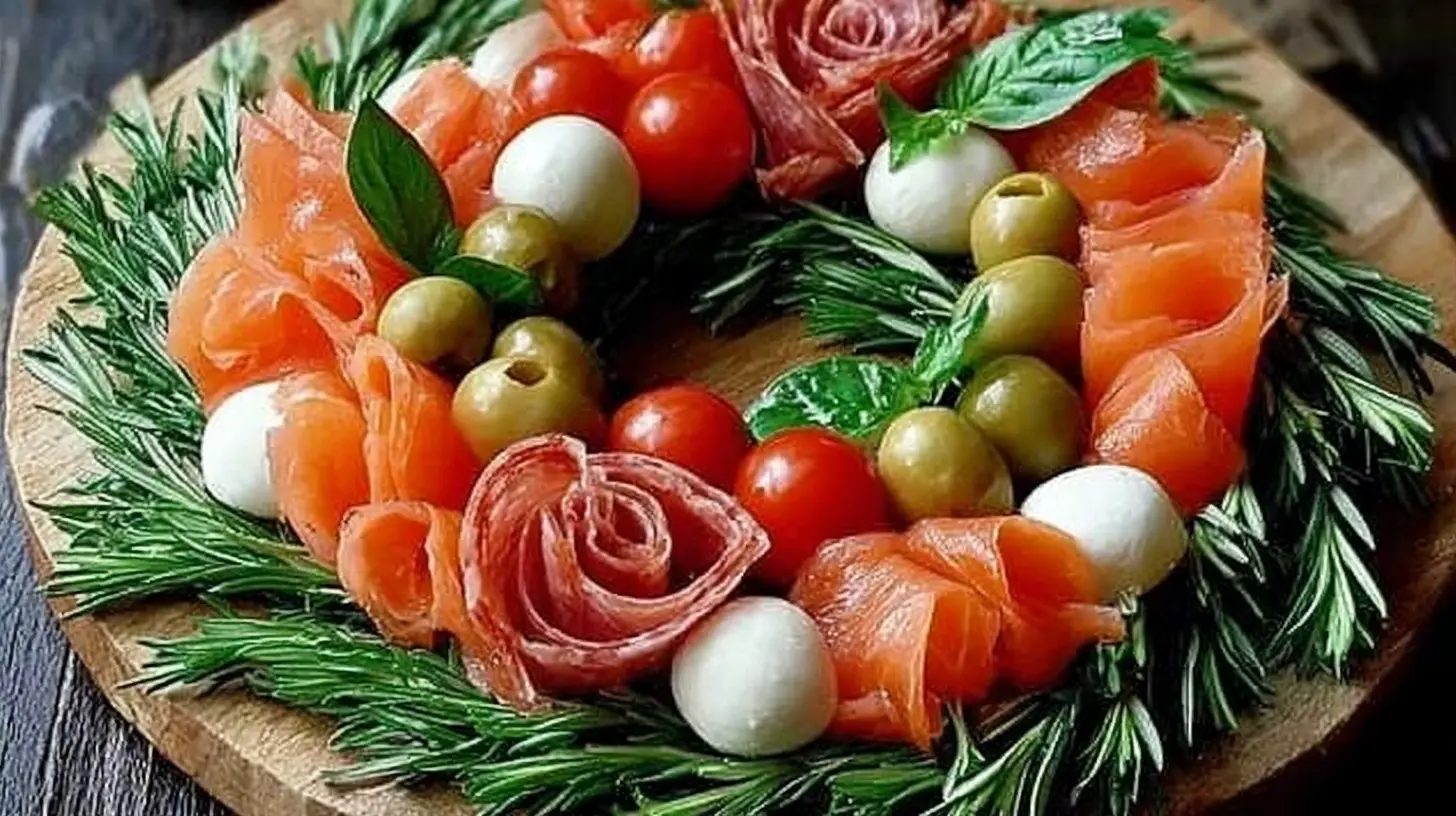 A lavish Christmas food dinner spread with various dishes arranged beautifully.