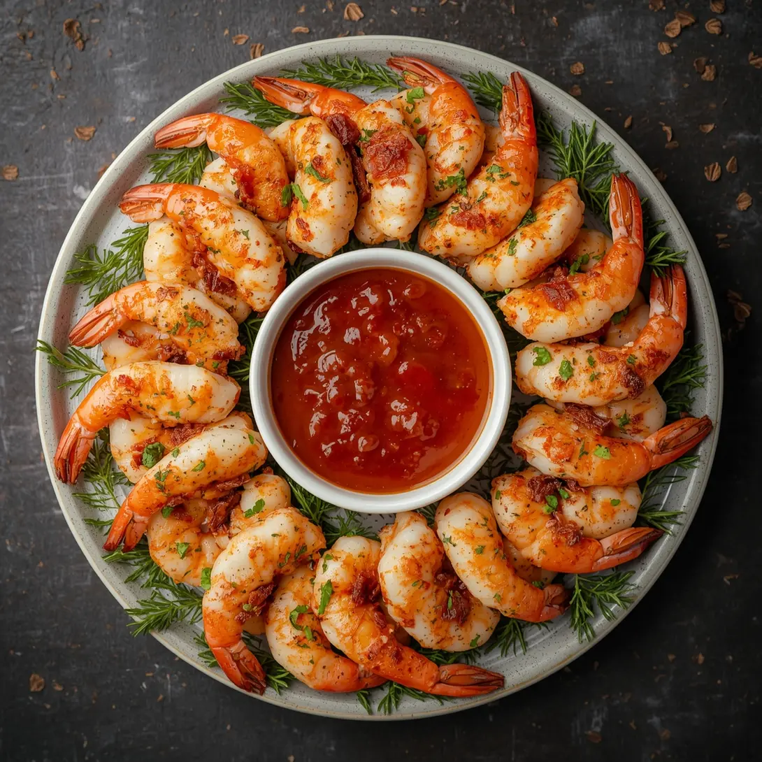 A festive Christmas shrimp wreath arranged with a dipping sauce at its center.
