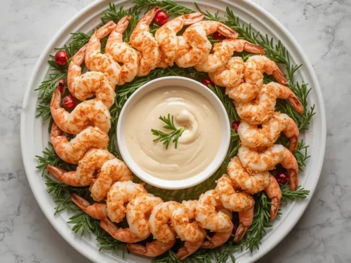 A festive Christmas shrimp wreath arranged with a dipping sauce at its center.