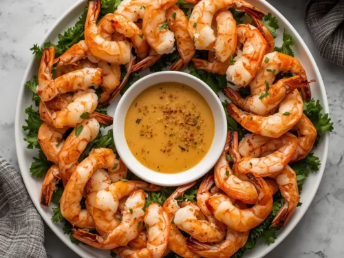 A festive Christmas shrimp wreath arranged with a dipping sauce at its center.
