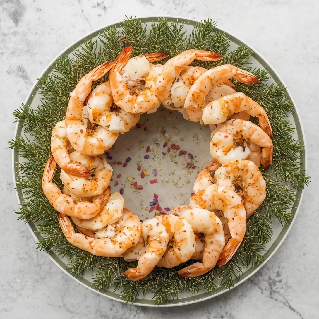 A festive Christmas shrimp wreath arranged with a dipping sauce at its center.