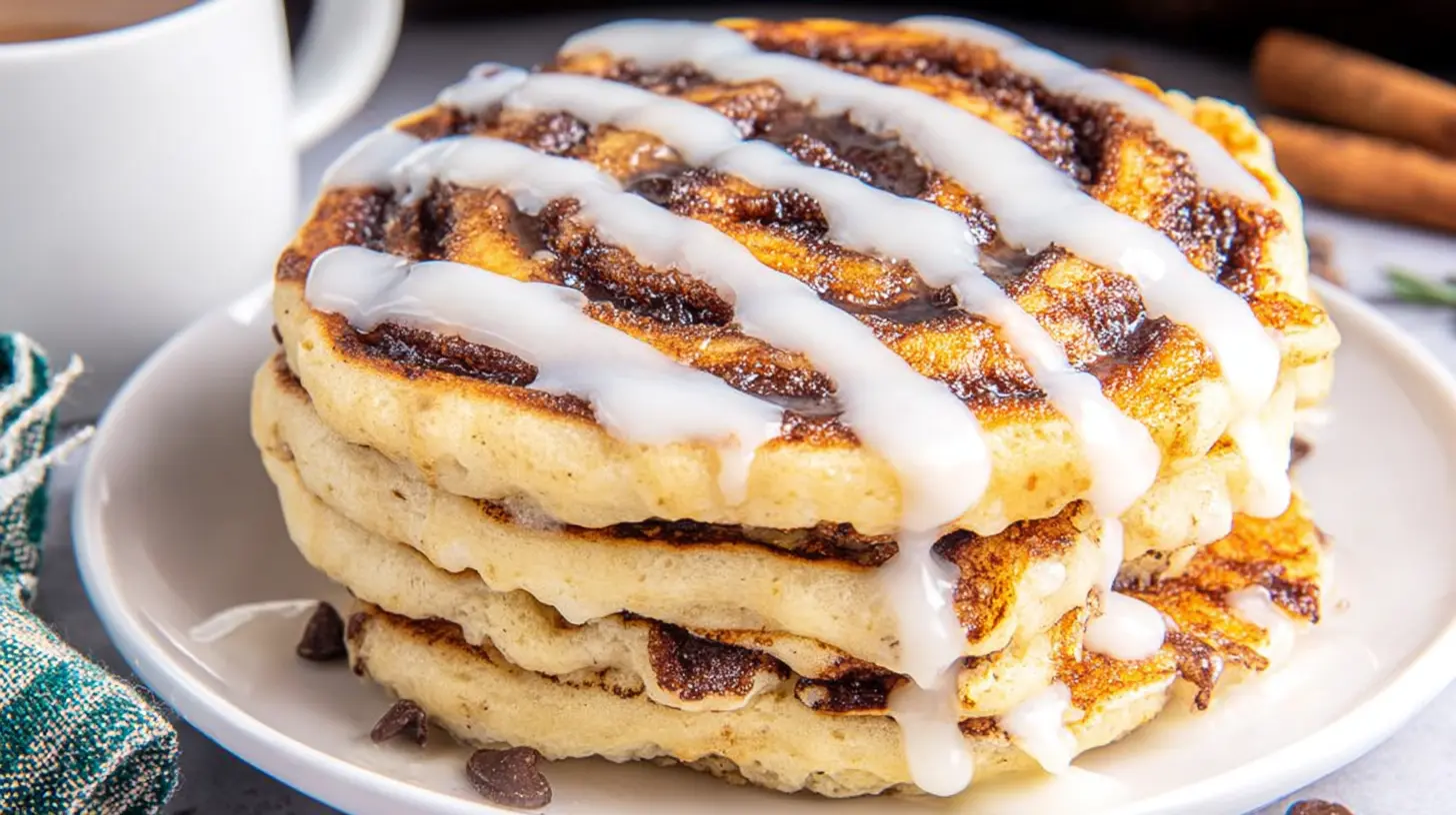 A stack of fluffy cinnamon roll pancakes topped with glaze
