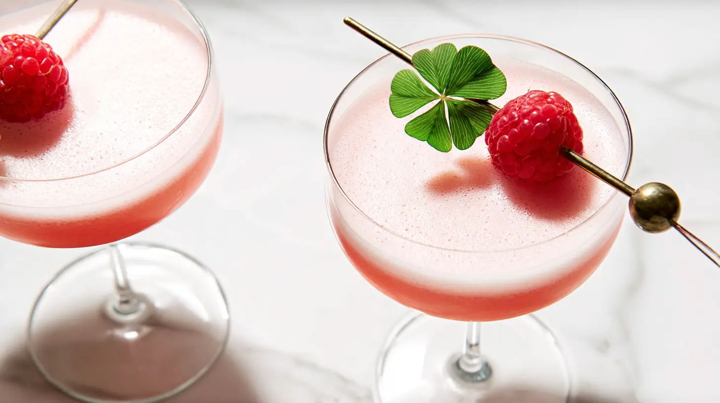 A frothy, perfectly mixed Clover Club drink served in clear stemware.