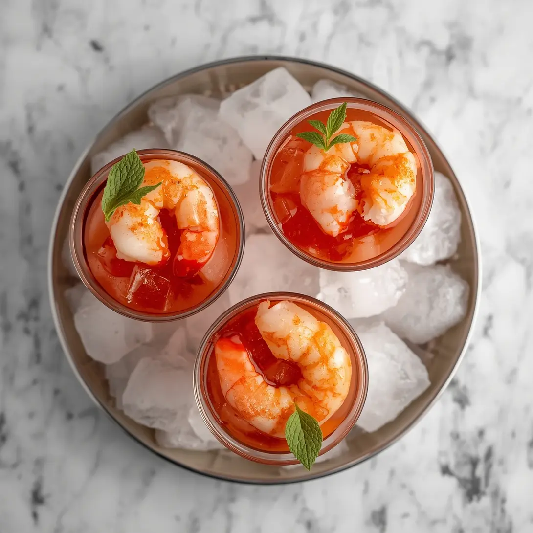 A serving of Classic Shrimp Cocktail with homemade sauce in elegant glasses on ice.
