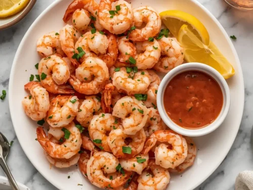 A serving of Classic Shrimp Cocktail with homemade sauce in elegant glasses on ice.