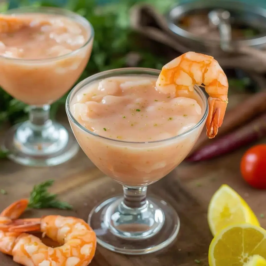 A serving of Classic Shrimp Cocktail with homemade sauce in elegant glasses on ice.
