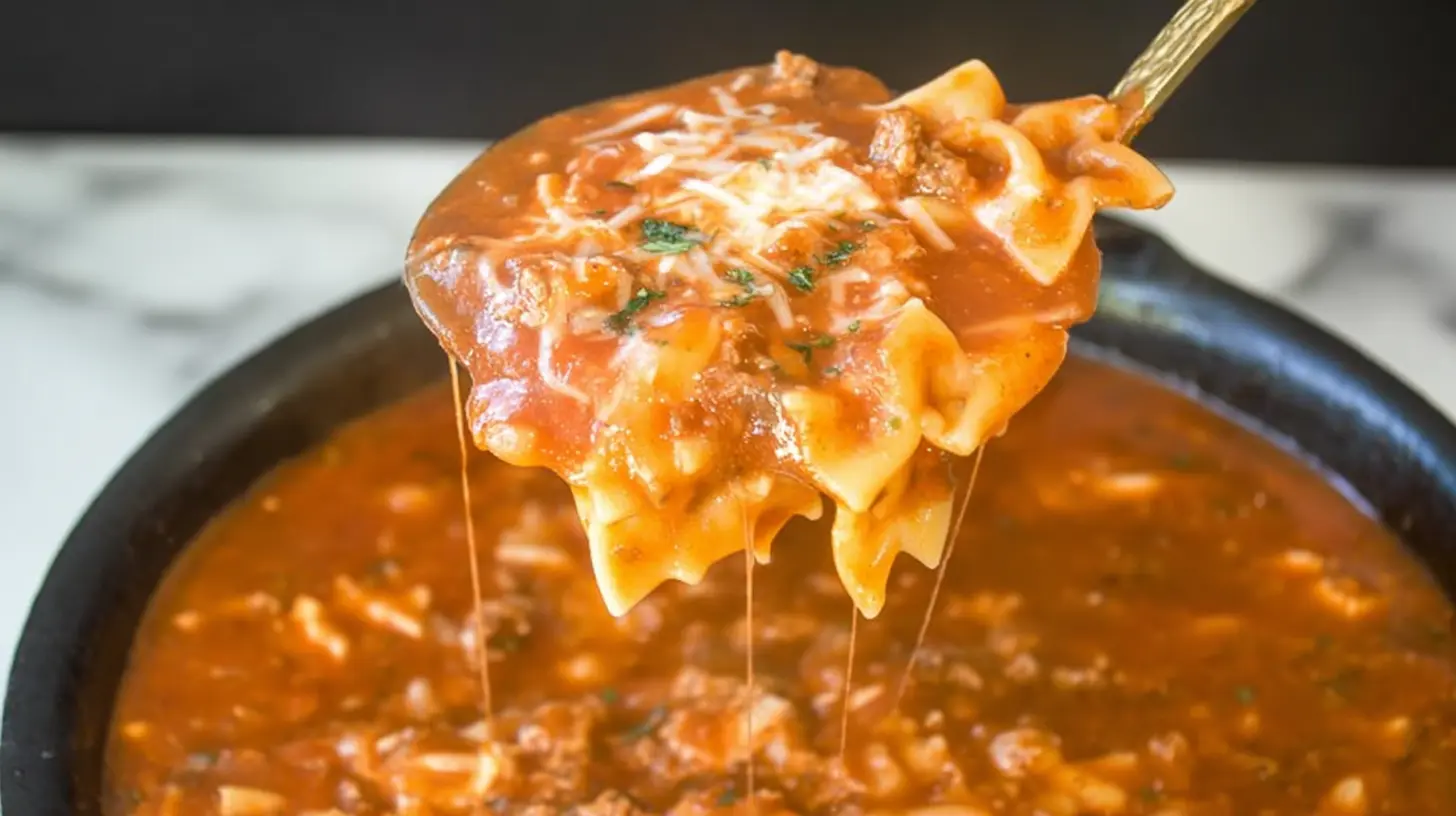 A ceramic bowl filled with rich, tomato-based lasagna soup, garnished with fresh basil.
