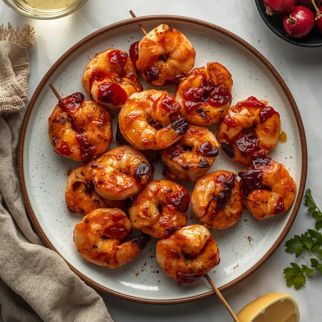 Plate of cranberry-glazed shrimp skewers, showcasing vibrant color and perfect char