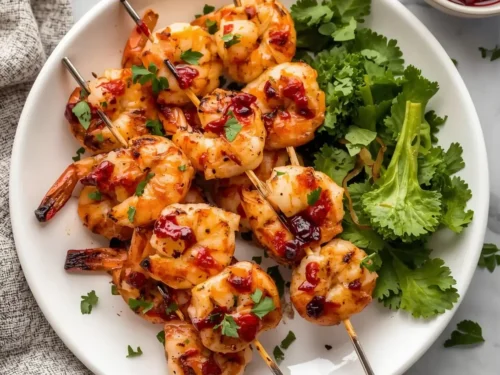 Plate of cranberry-glazed shrimp skewers, showcasing vibrant color and perfect char