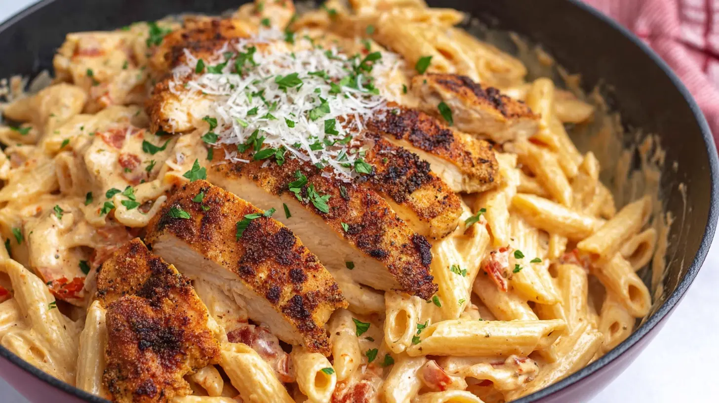 A serving of rich creamy cajun chicken pasta, topped with fresh parsley.