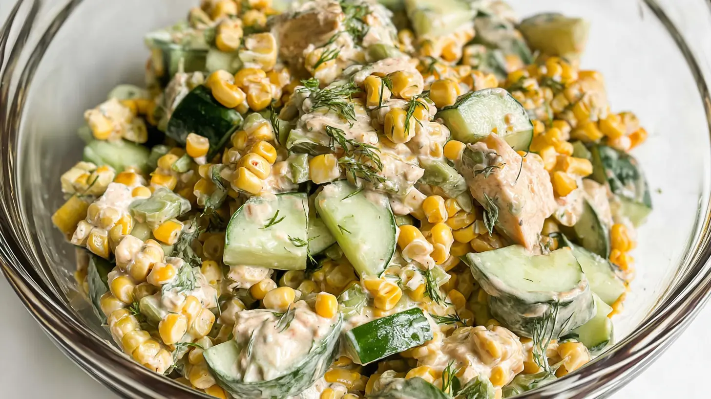 Creamy cucumber salad infused with street corn flavors, presented beautifully.