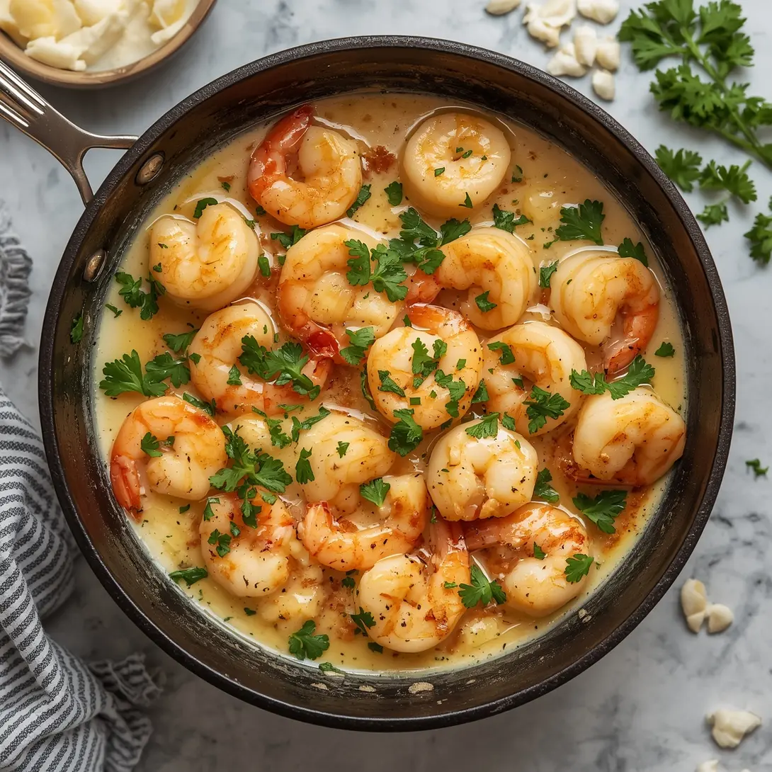 A creamy garlic butter shrimp skillet dish with fresh parsley garnish.