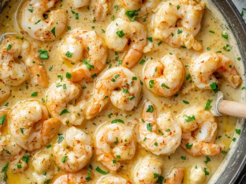 A creamy garlic butter shrimp skillet dish with fresh parsley garnish.