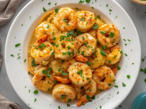 A creamy garlic butter shrimp skillet dish with fresh parsley garnish.