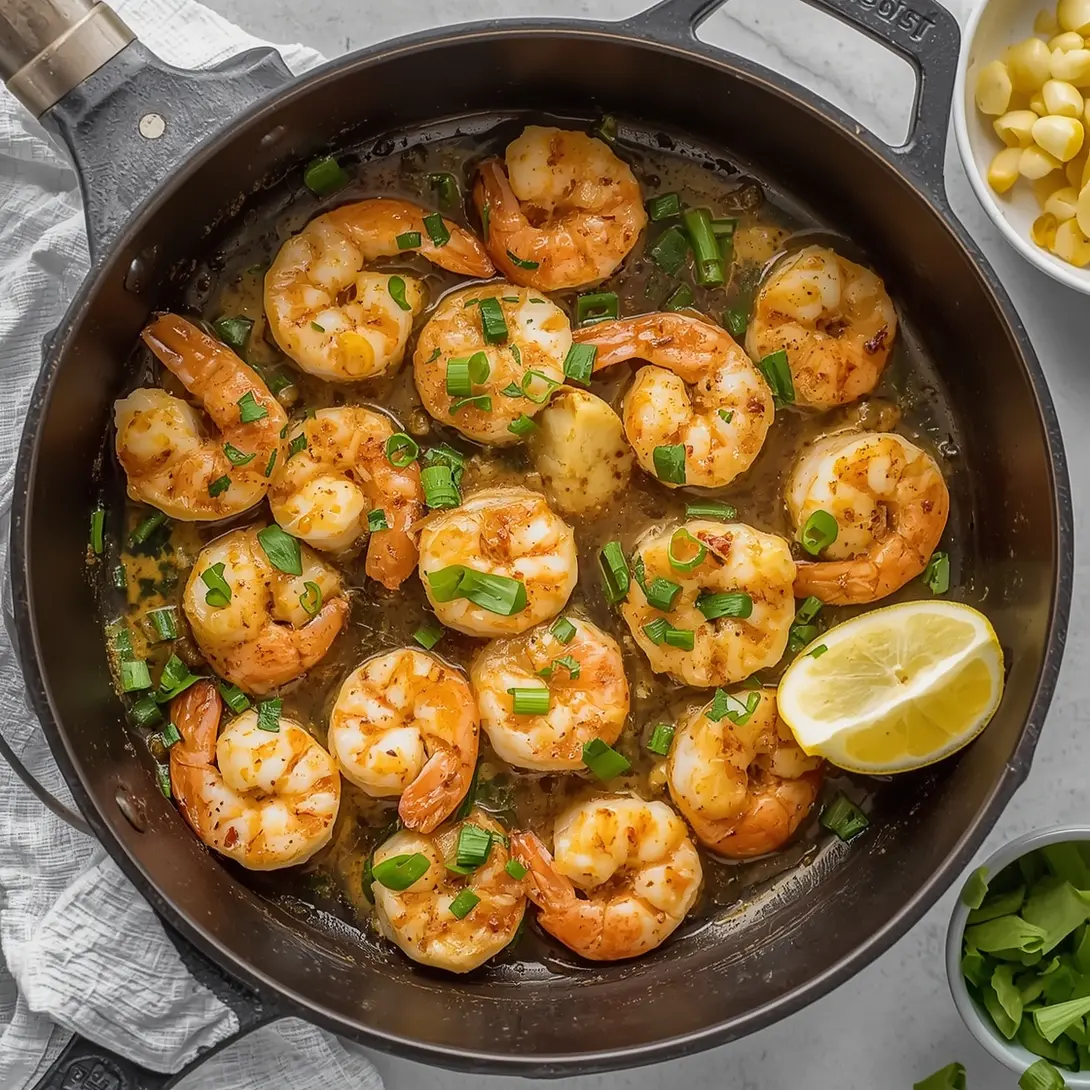A creamy garlic butter shrimp skillet dish with fresh parsley garnish.