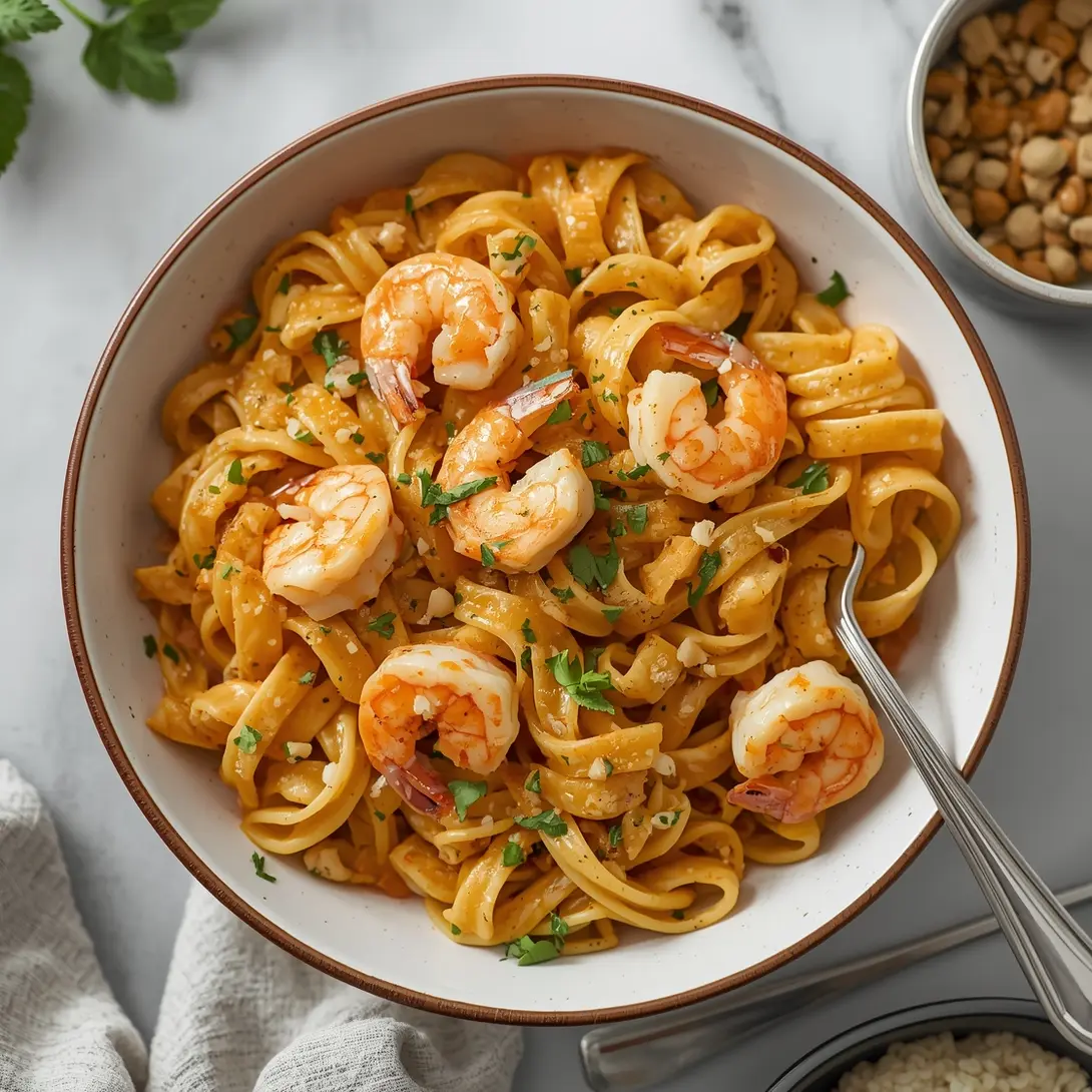A serving of creamy pumpkin shrimp pasta in a bowl
