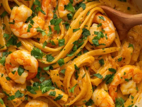 A serving of creamy pumpkin shrimp pasta in a bowl