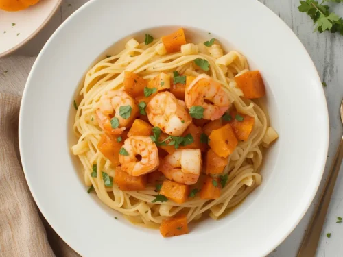 A serving of creamy pumpkin shrimp pasta in a bowl