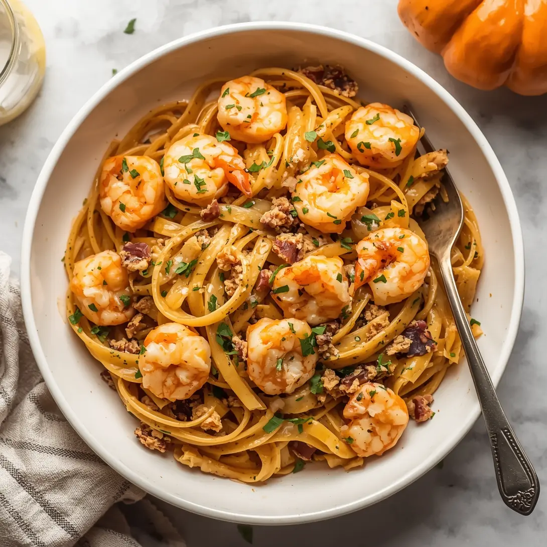 A serving of creamy pumpkin shrimp pasta in a bowl
