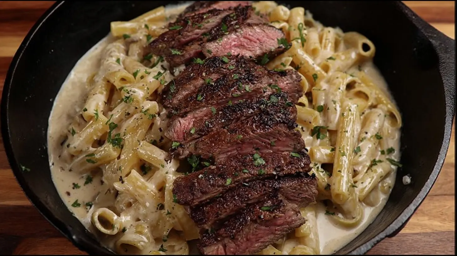 A plate of creamy ribeye steak pasta with herbs