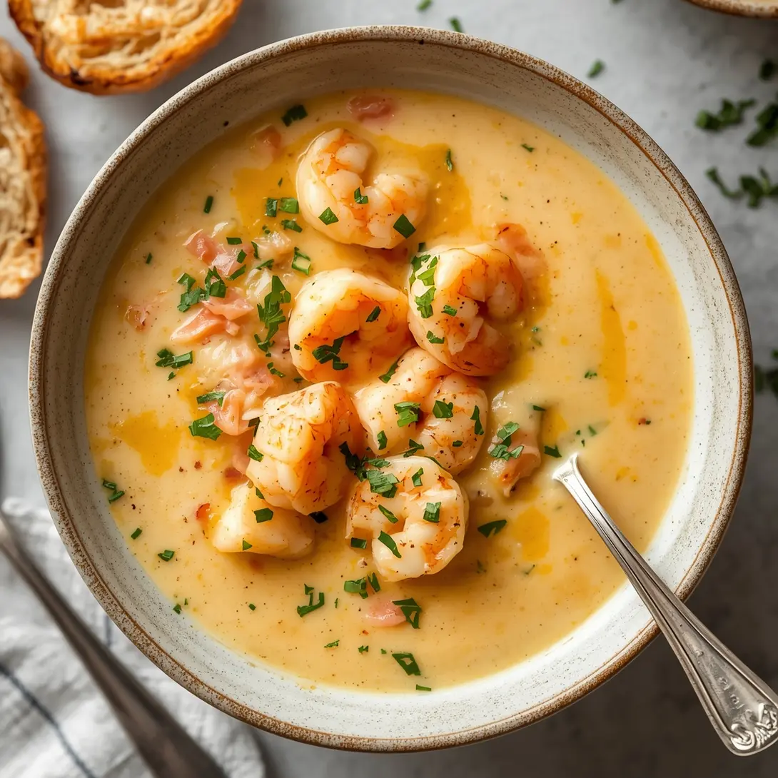 A steaming bowl of creamy shrimp bisque, perfect as a starter.