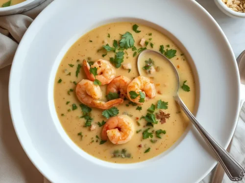 A steaming bowl of creamy shrimp bisque, perfect as a starter.