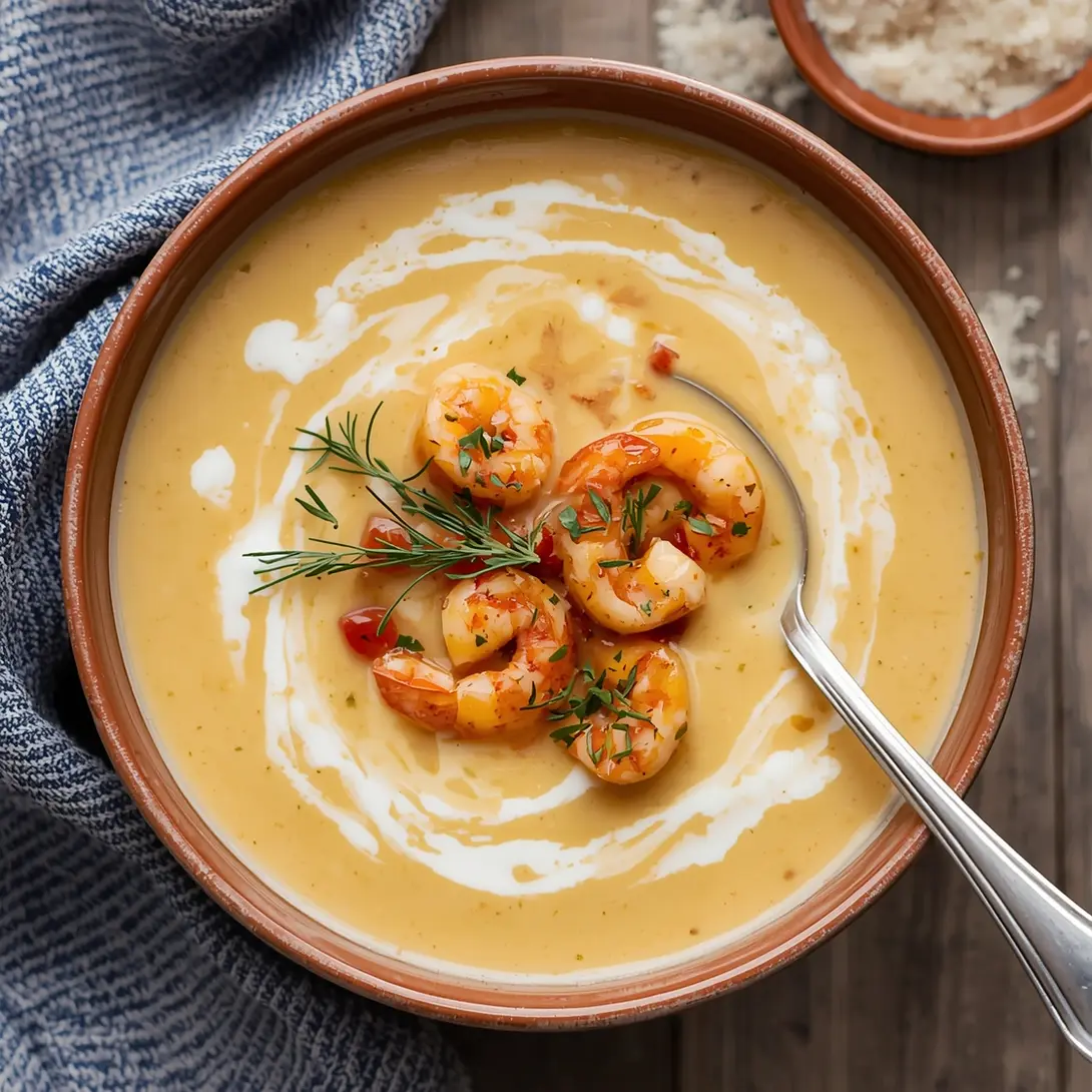 A steaming bowl of creamy shrimp bisque, perfect as a starter.